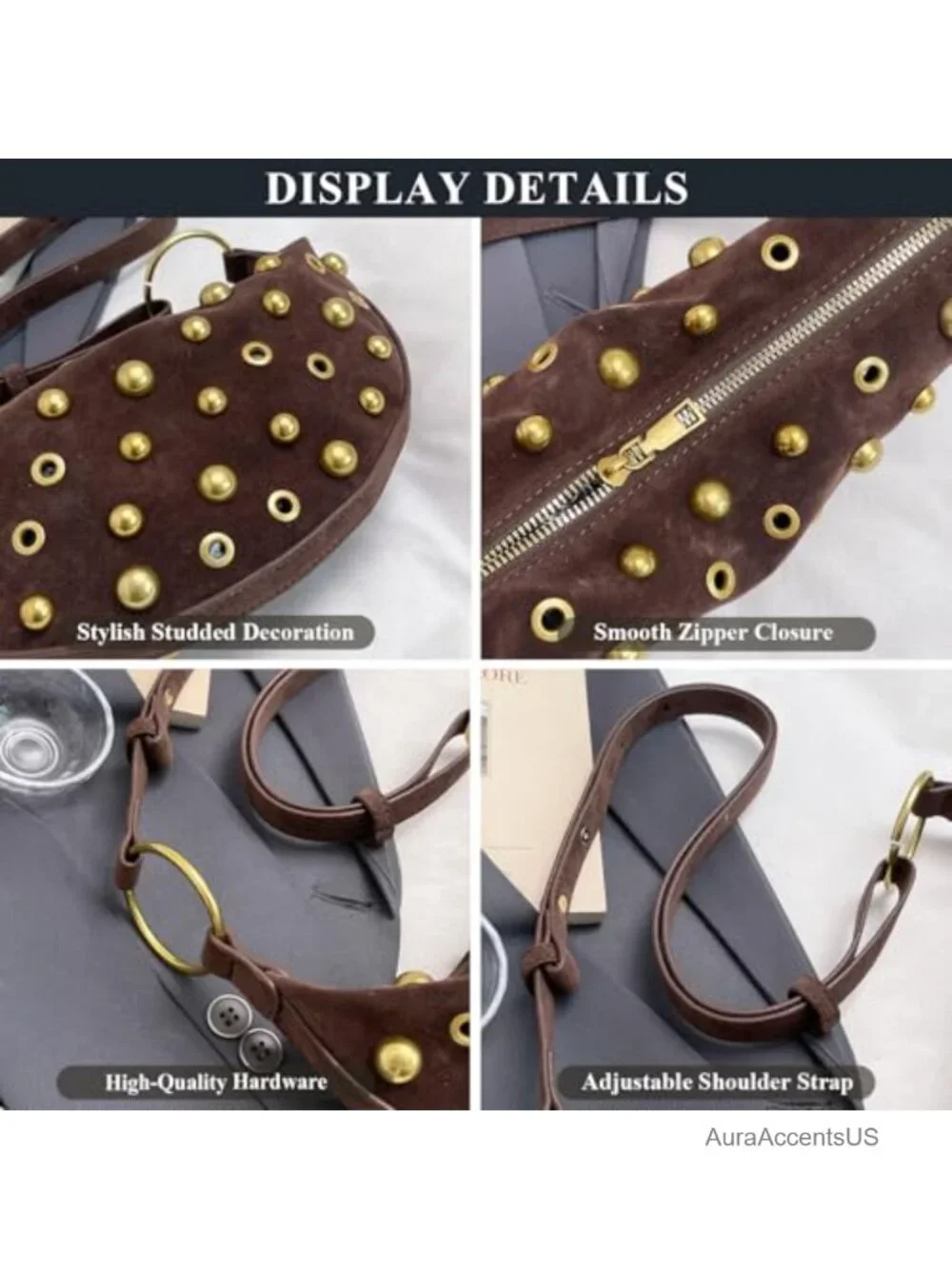 Studded Hobo Crescent Bag Y2K Shoulder Bag Suede Purse for Women
